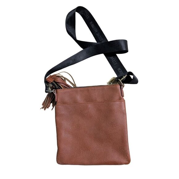 Steve Madden Cognac Crossbody Purse Monogram Brown Leather Tassle Bglamm - Picture 3 of 11